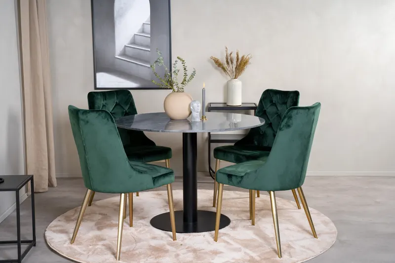 Estelle & Velvet Deluxe Essgruppe mit rundem Marmortisch und 4 Polsterstühlen in Dunkelgrau, Gestell Schwarz, Grün, Gestell Gold, im Wohnraum, Ansicht 2