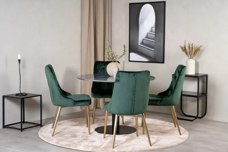 Estelle & Velvet Deluxe Essgruppe mit rundem Marmortisch und 4 Polsterstühlen in Dunkelgrau, Gestell Schwarz, Grün, Gestell Gold, im Wohnraum, Ansicht 3