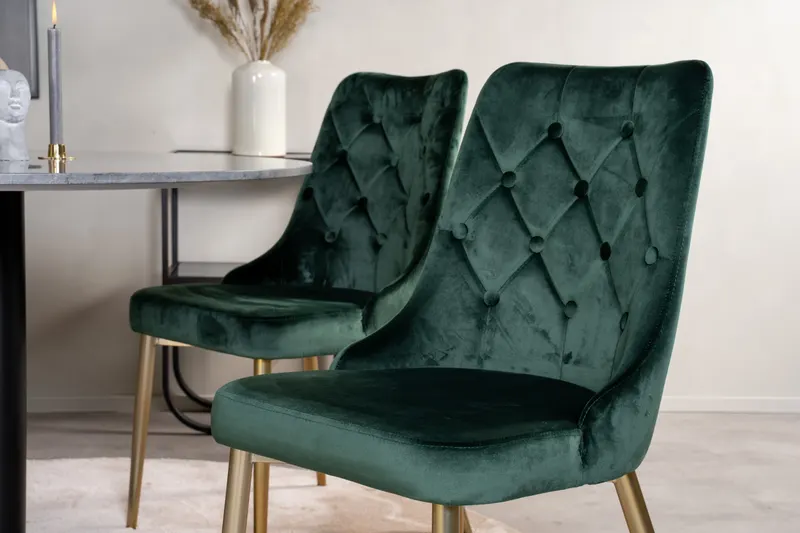 Estelle & Velvet Deluxe Essgruppe mit rundem Marmortisch und 4 Polsterstühlen in Dunkelgrau, Gestell Schwarz, Grün, Gestell Gold, im Wohnraum, Ansicht 5