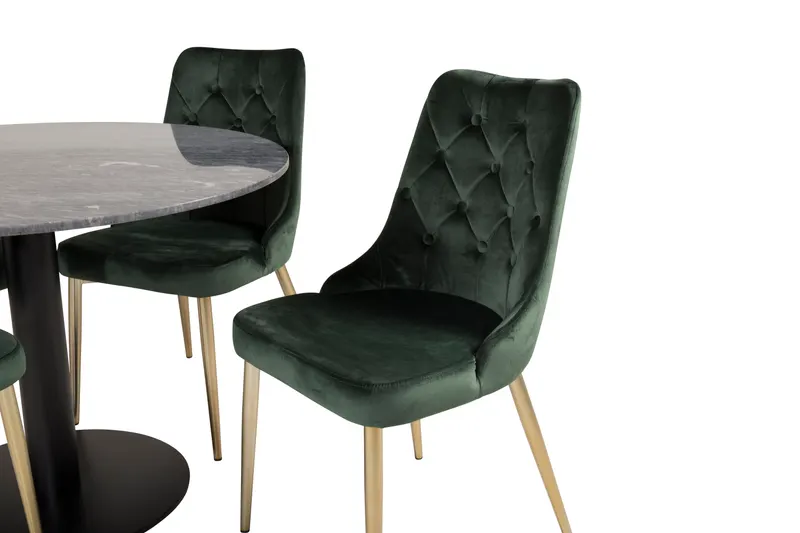 Estelle & Velvet Deluxe Essgruppe mit rundem Marmortisch und 4 Polsterstühlen in Dunkelgrau, Gestell Schwarz, Grün, Gestell Gold, Ansicht 2