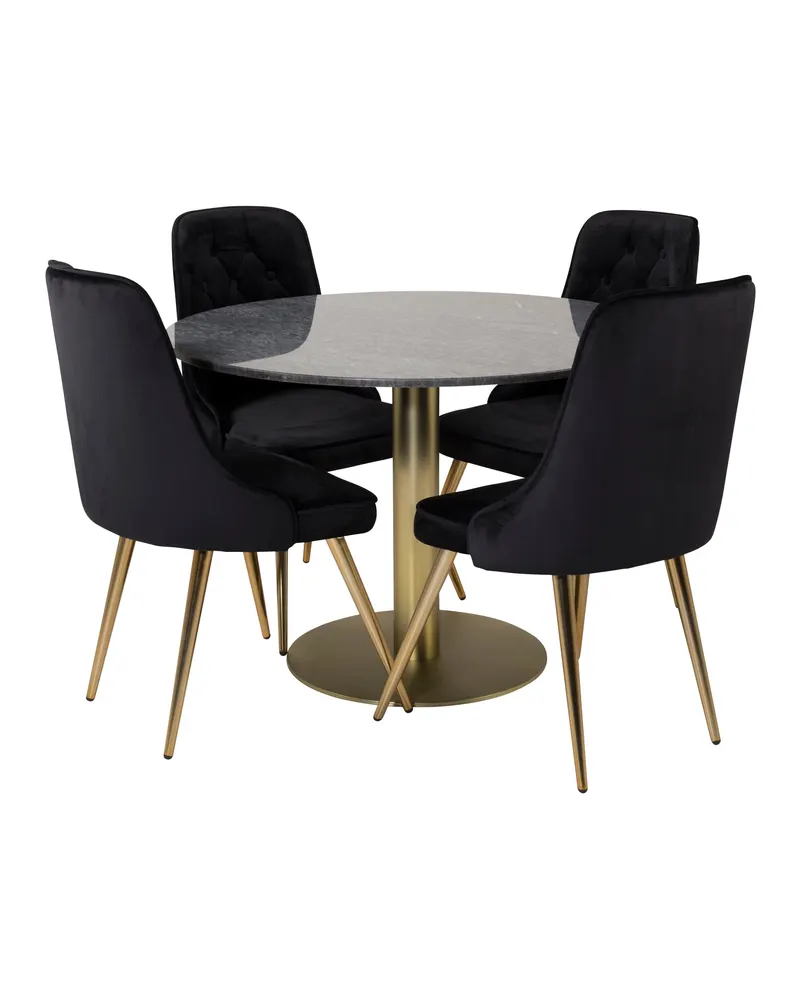 Estelle & Velvet Deluxe Essgruppe mit rundem Marmortisch und 4 Polsterstühlen in Dunkelgrau, Gestell Gold, Schwarz, Ansicht 1