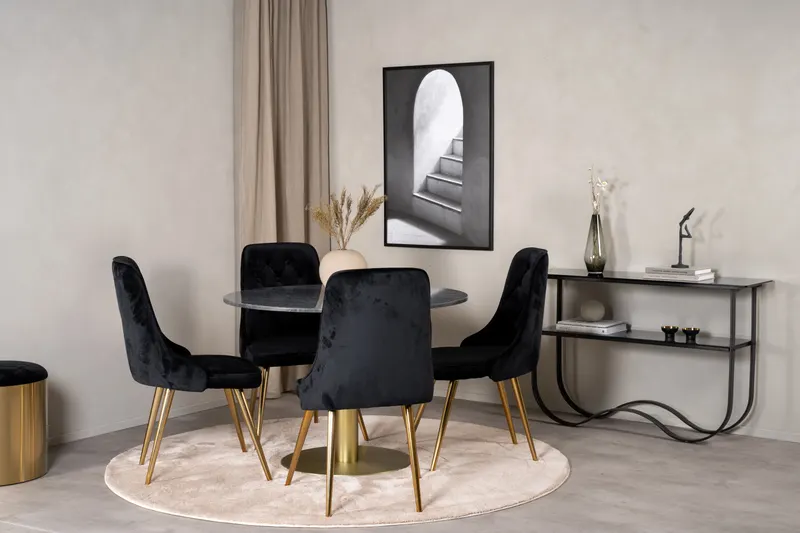 Estelle & Velvet Deluxe Essgruppe mit rundem Marmortisch und 4 Polsterstühlen in Dunkelgrau, Gestell Gold, Schwarz, im Wohnraum, Ansicht 1