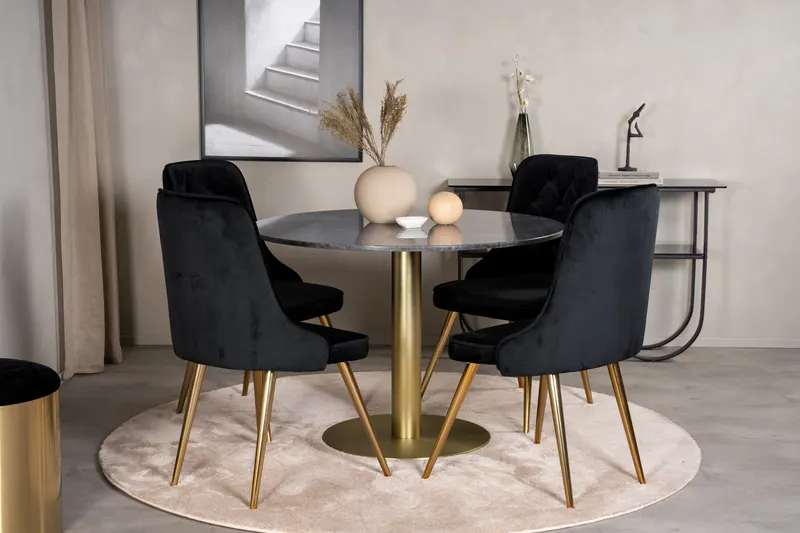 Estelle & Velvet Deluxe Essgruppe mit rundem Marmortisch und 4 Polsterstühlen in Dunkelgrau, Gestell Gold, Schwarz, im Wohnraum, Ansicht 2