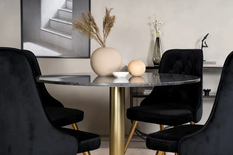 Estelle & Velvet Deluxe Essgruppe mit rundem Marmortisch und 4 Polsterstühlen in Dunkelgrau, Gestell Gold, Schwarz, im Wohnraum, Ansicht 3
