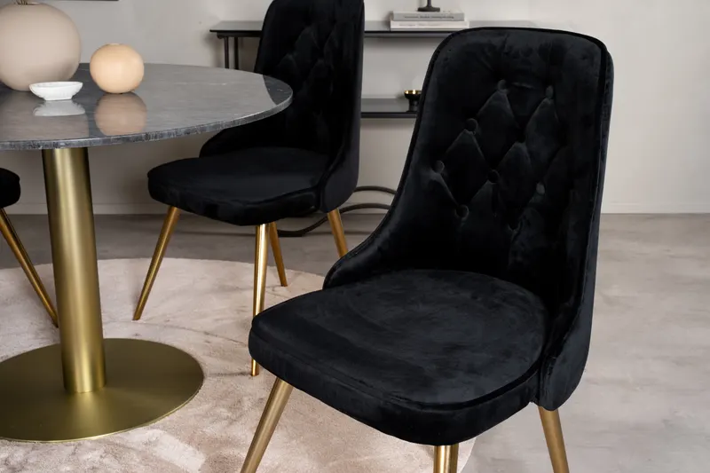 Estelle & Velvet Deluxe Essgruppe mit rundem Marmortisch und 4 Polsterstühlen in Dunkelgrau, Gestell Gold, Schwarz, im Wohnraum, Ansicht 5