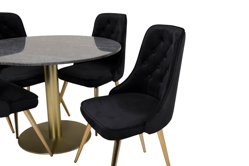 Estelle & Velvet Deluxe Essgruppe mit rundem Marmortisch und 4 Polsterstühlen in Dunkelgrau, Gestell Gold, Schwarz, Ansicht 3