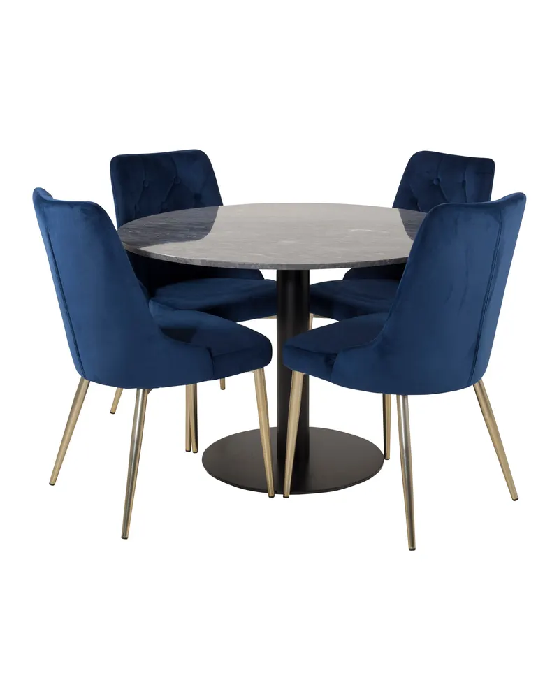 Estelle & Velvet Deluxe Essgruppe mit rundem Marmortisch und 4 Polsterstühlen in Dunkelgrau, Gestell Schwarz, Blau, Gestell Gold, Ansicht 1