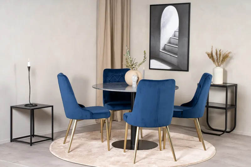 Estelle & Velvet Deluxe Essgruppe mit rundem Marmortisch und 4 Polsterstühlen in Dunkelgrau, Gestell Schwarz, Blau, Gestell Gold, im Wohnraum, Ansicht 1