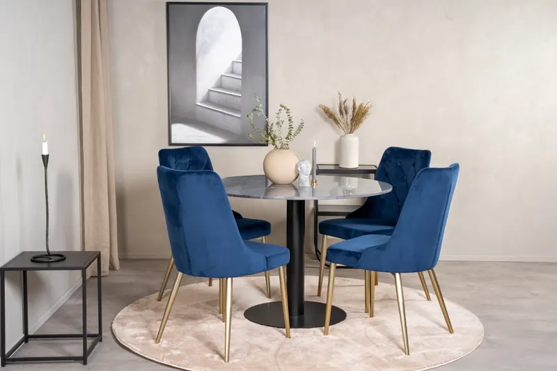 Estelle & Velvet Deluxe Essgruppe mit rundem Marmortisch und 4 Polsterstühlen in Dunkelgrau, Gestell Schwarz, Blau, Gestell Gold, im Wohnraum, Ansicht 2