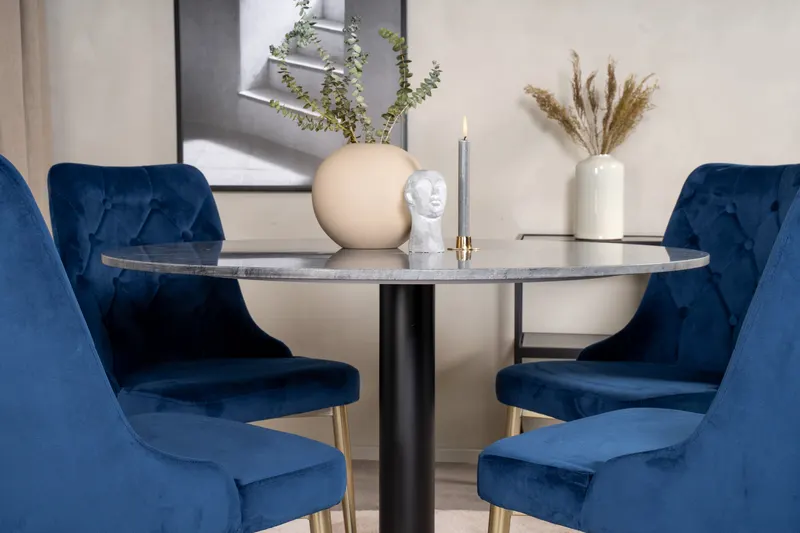 Estelle & Velvet Deluxe Essgruppe mit rundem Marmortisch und 4 Polsterstühlen in Dunkelgrau, Gestell Schwarz, Blau, Gestell Gold, im Wohnraum, Ansicht 3