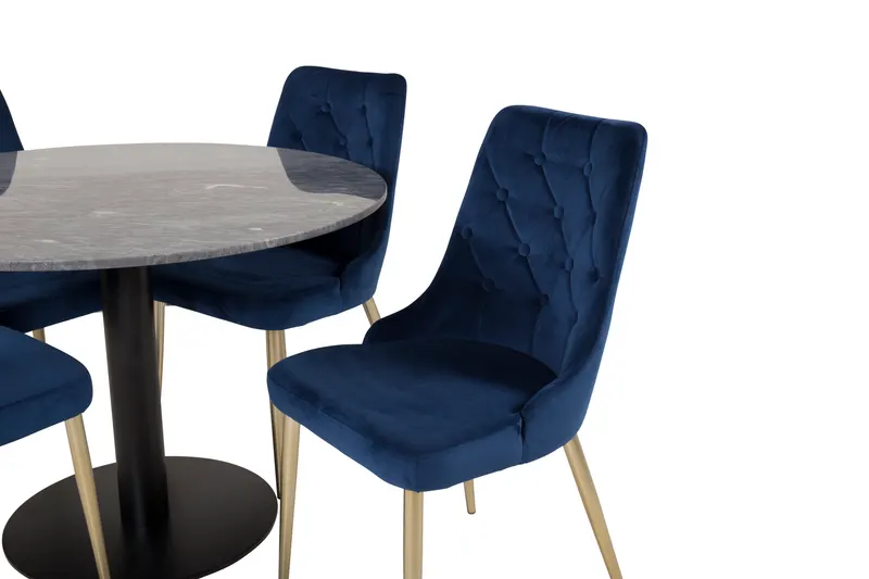 Estelle & Velvet Deluxe Essgruppe mit rundem Marmortisch und 4 Polsterstühlen in Dunkelgrau, Gestell Schwarz, Blau, Gestell Gold, Ansicht 3
