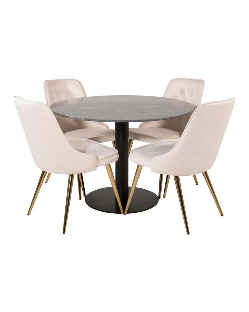 Estelle & Velvet Deluxe Essgruppe mit rundem Marmortisch und 4 Polsterstühlen in Dunkelgrau, Gestell Schwarz, Beige, Gestell Messing gebürstet, Ansicht 1