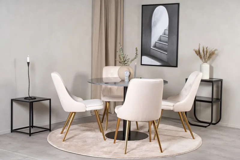 Estelle & Velvet Deluxe Essgruppe mit rundem Marmortisch und 4 Polsterstühlen in Dunkelgrau, Gestell Schwarz, Beige, Gestell Messing gebürstet, im Wohnraum, Ansicht 1