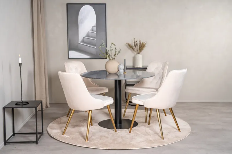 Estelle & Velvet Deluxe Essgruppe mit rundem Marmortisch und 4 Polsterstühlen in Dunkelgrau, Gestell Schwarz, Beige, Gestell Messing gebürstet, im Wohnraum, Ansicht 2