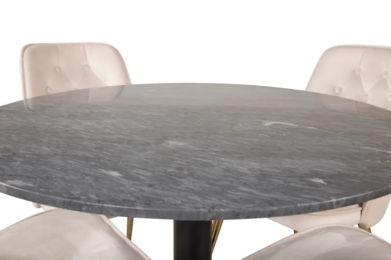 Estelle & Velvet Deluxe Essgruppe mit rundem Marmortisch und 4 Polsterstühlen in Dunkelgrau, Gestell Schwarz, Beige, Gestell Messing gebürstet, Ansicht 2