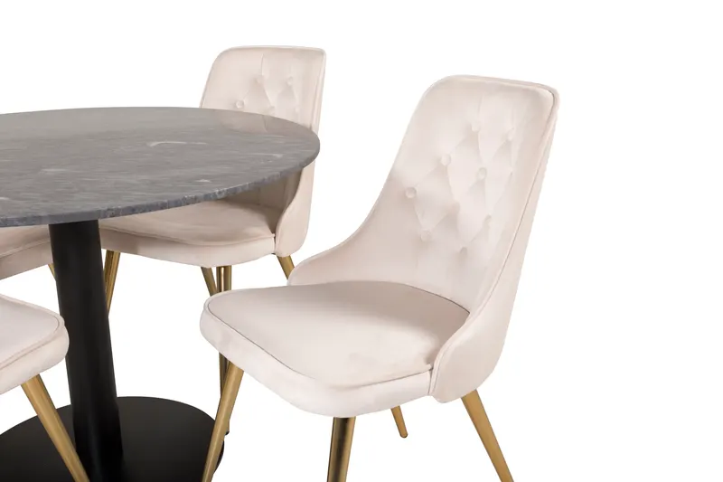 Estelle & Velvet Deluxe Essgruppe mit rundem Marmortisch und 4 Polsterstühlen in Dunkelgrau, Gestell Schwarz, Beige, Gestell Messing gebürstet, Ansicht 3