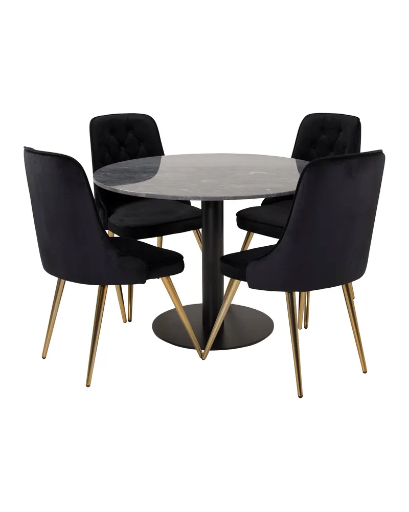 Estelle & Velvet Deluxe Essgruppe mit rundem Marmortisch und 4 Polsterstühlen in Dunkelgrau, Gestell Schwarz, Gestell Gold, Ansicht 1