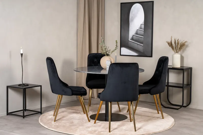 Estelle & Velvet Deluxe Essgruppe mit rundem Marmortisch und 4 Polsterstühlen in Dunkelgrau, Gestell Schwarz, Gestell Gold, im Wohnraum, Ansicht 1