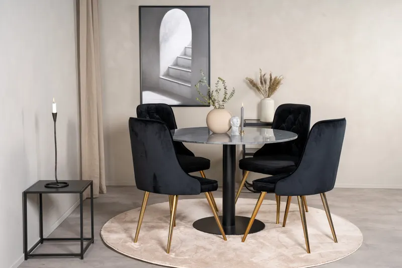 Estelle & Velvet Deluxe Essgruppe mit rundem Marmortisch und 4 Polsterstühlen in Dunkelgrau, Gestell Schwarz, Gestell Gold, im Wohnraum, Ansicht 2
