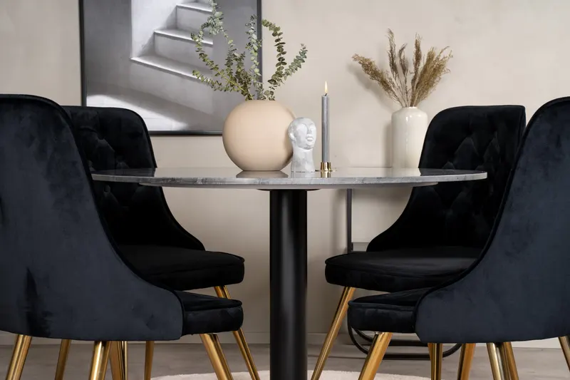 Estelle & Velvet Deluxe Essgruppe mit rundem Marmortisch und 4 Polsterstühlen in Dunkelgrau, Gestell Schwarz, Gestell Gold, im Wohnraum, Ansicht 3