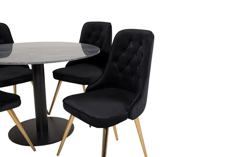 Estelle & Velvet Deluxe Essgruppe mit rundem Marmortisch und 4 Polsterstühlen in Dunkelgrau, Gestell Schwarz, Gestell Gold, Ansicht 3