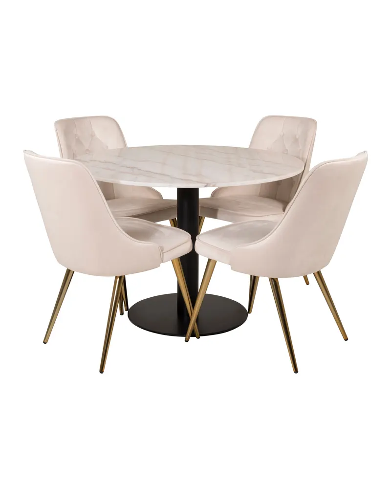 Estelle & Velvet Deluxe Essgruppe mit rundem Marmortisch und 4 Polsterstühlen in Weiß, Gestell Schwarz, Beige, Gestell Messing gebürstet, Ansicht 1