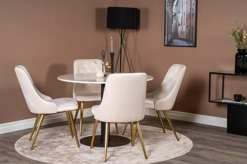 Estelle & Velvet Deluxe Essgruppe mit rundem Marmortisch und 4 Polsterstühlen in Weiß, Gestell Schwarz, Beige, Gestell Messing gebürstet, im Wohnraum, Ansicht 1