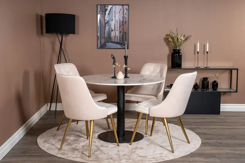 Estelle & Velvet Deluxe Essgruppe mit rundem Marmortisch und 4 Polsterstühlen in Weiß, Gestell Schwarz, Beige, Gestell Messing gebürstet, im Wohnraum, Ansicht 2