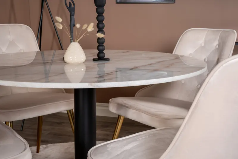 Estelle & Velvet Deluxe Essgruppe mit rundem Marmortisch und 4 Polsterstühlen in Weiß, Gestell Schwarz, Beige, Gestell Messing gebürstet, im Wohnraum, Ansicht 3