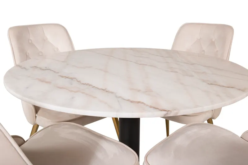 Estelle & Velvet Deluxe Essgruppe mit rundem Marmortisch und 4 Polsterstühlen in Weiß, Gestell Schwarz, Beige, Gestell Messing gebürstet, Ansicht 2