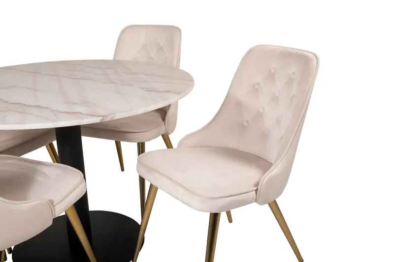 Estelle & Velvet Deluxe Essgruppe mit rundem Marmortisch und 4 Polsterstühlen in Weiß, Gestell Schwarz, Beige, Gestell Messing gebürstet, Ansicht 3