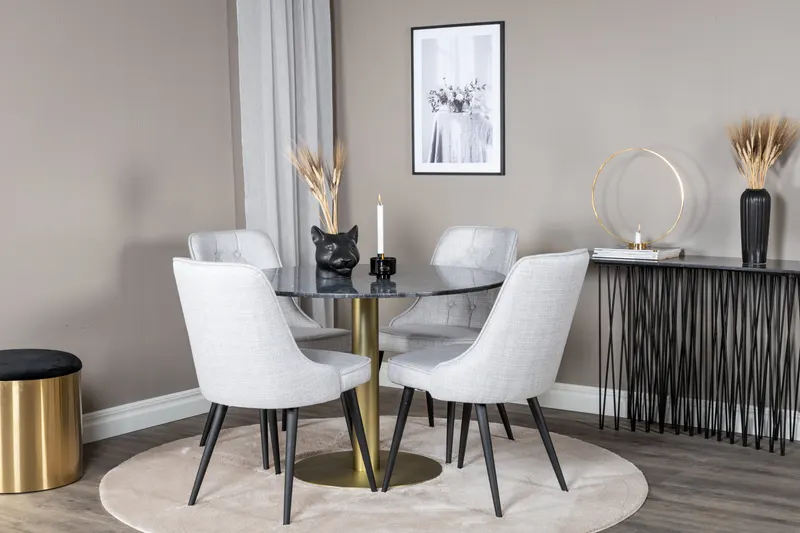 Estelle & Velvet Deluxe Essgruppe mit rundem Marmortisch und 4 Polsterstühlen in Dunkelgrau, Gestell Gold, Hellgrau, Gestell Schwarz, im Wohnraum, Ansicht 1