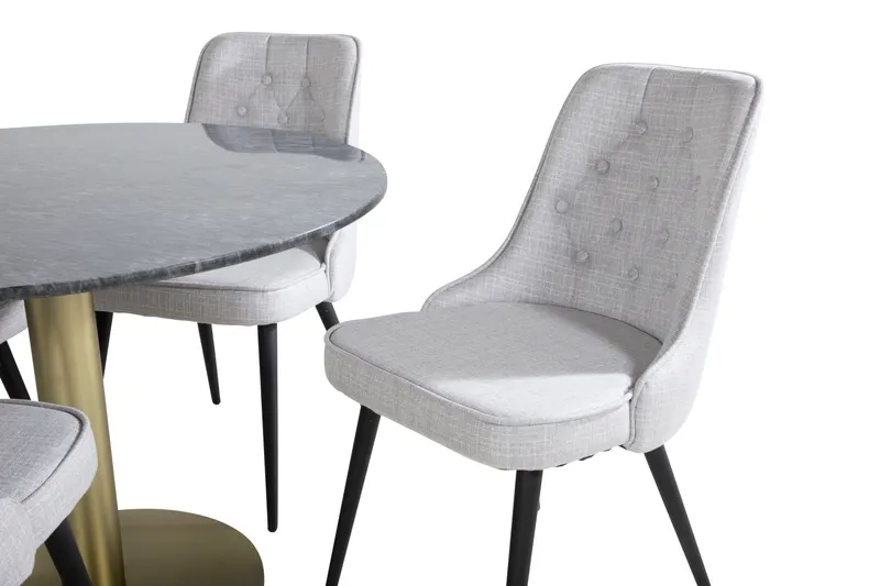 Estelle & Velvet Deluxe Essgruppe mit rundem Marmortisch und 4 Polsterstühlen in Dunkelgrau, Gestell Gold, Hellgrau, Gestell Schwarz, Ansicht 2