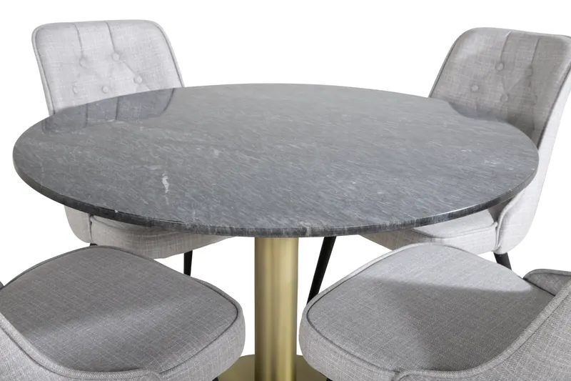 Estelle & Velvet Deluxe Essgruppe mit rundem Marmortisch und 4 Polsterstühlen in Dunkelgrau, Gestell Gold, Hellgrau, Gestell Schwarz, Ansicht 3