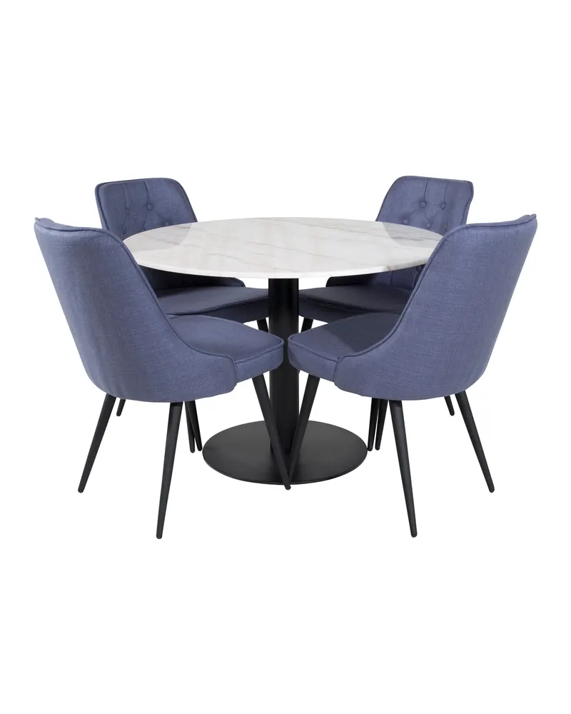 Estelle & Velvet Deluxe Essgruppe mit rundem Marmortisch und 4 Polsterstühlen in Weiß, Gestell Schwarz, Blau, Ansicht 1