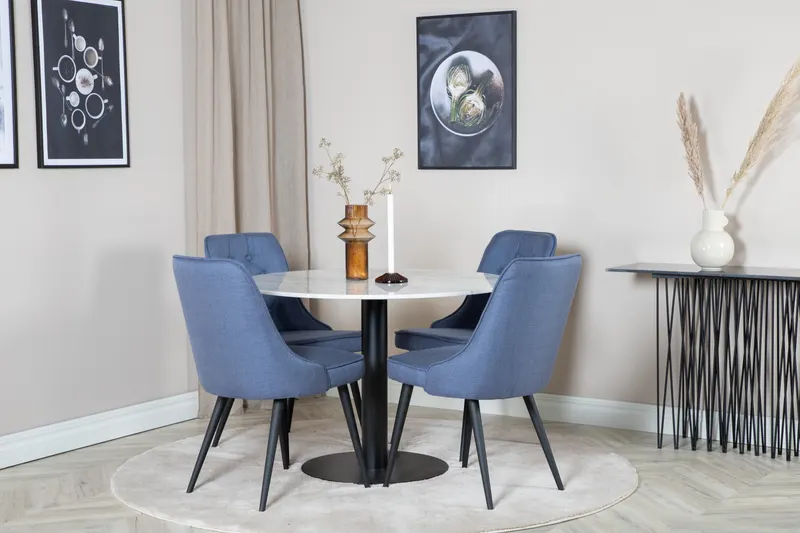 Estelle & Velvet Deluxe Essgruppe mit rundem Marmortisch und 4 Polsterstühlen in Weiß, Gestell Schwarz, Blau, im Wohnraum, Ansicht 1