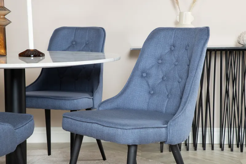 Estelle & Velvet Deluxe Essgruppe mit rundem Marmortisch und 4 Polsterstühlen in Weiß, Gestell Schwarz, Blau, im Wohnraum, Ansicht 2