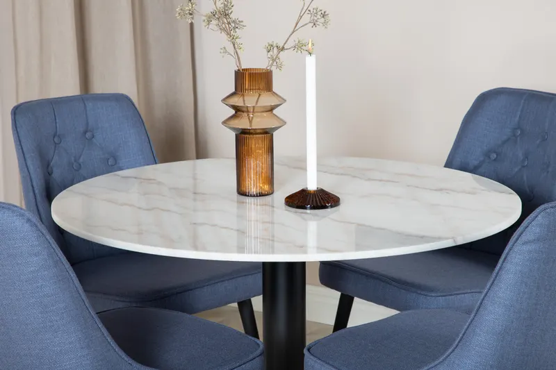 Estelle & Velvet Deluxe Essgruppe mit rundem Marmortisch und 4 Polsterstühlen in Weiß, Gestell Schwarz, Blau, im Wohnraum, Ansicht 3