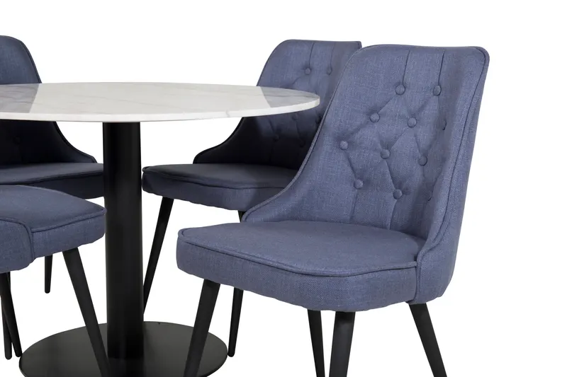 Estelle & Velvet Deluxe Essgruppe mit rundem Marmortisch und 4 Polsterstühlen in Weiß, Gestell Schwarz, Blau, Ansicht 2