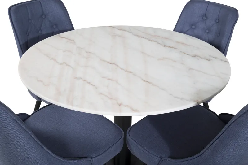 Estelle & Velvet Deluxe Essgruppe mit rundem Marmortisch und 4 Polsterstühlen in Weiß, Gestell Schwarz, Blau, Ansicht 3