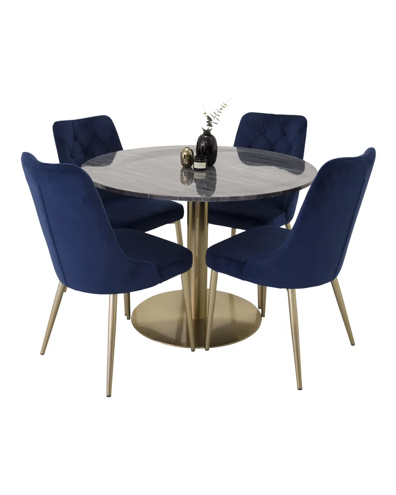 Estelle & Velvet Deluxe Essgruppe mit rundem Marmortisch und 4 Polsterstühlen in Dunkelgrau, Gestell Gold, Blau, Ansicht 1