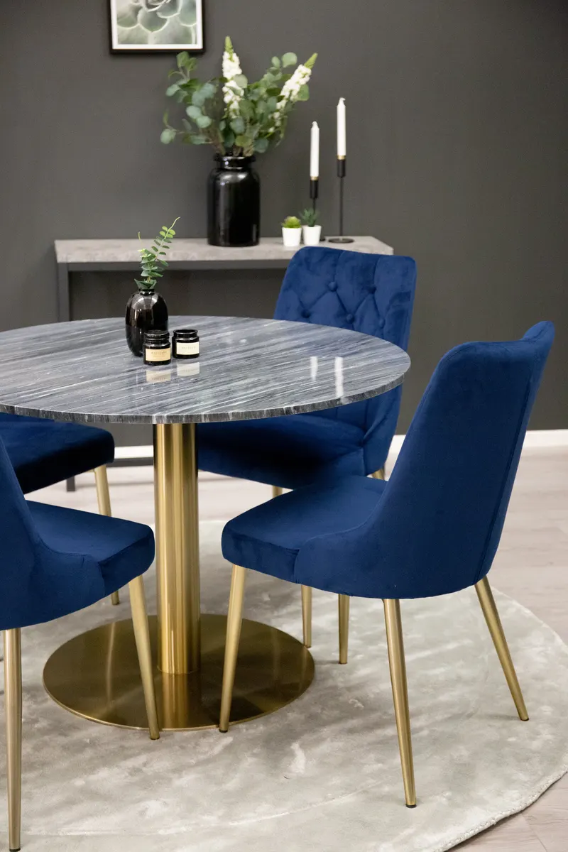 Estelle & Velvet Deluxe Essgruppe mit rundem Marmortisch und 4 Polsterstühlen in Dunkelgrau, Gestell Gold, Blau, im Wohnraum, Ansicht 5