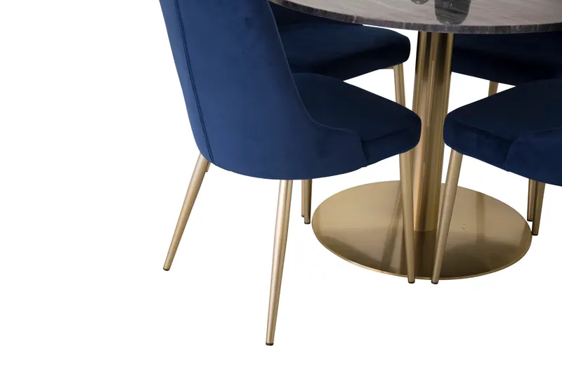 Estelle & Velvet Deluxe Essgruppe mit rundem Marmortisch und 4 Polsterstühlen in Dunkelgrau, Gestell Gold, Blau, Ansicht 2