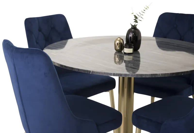 Estelle & Velvet Deluxe Essgruppe mit rundem Marmortisch und 4 Polsterstühlen in Dunkelgrau, Gestell Gold, Blau, Ansicht 3
