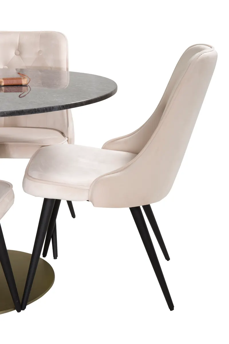 Estelle & Velvet Deluxe Essgruppe mit rundem Marmortisch und 4 Polsterstühlen in Dunkelgrau, Gestell Gold, Beige, Gestell Schwarz, Ansicht 1
