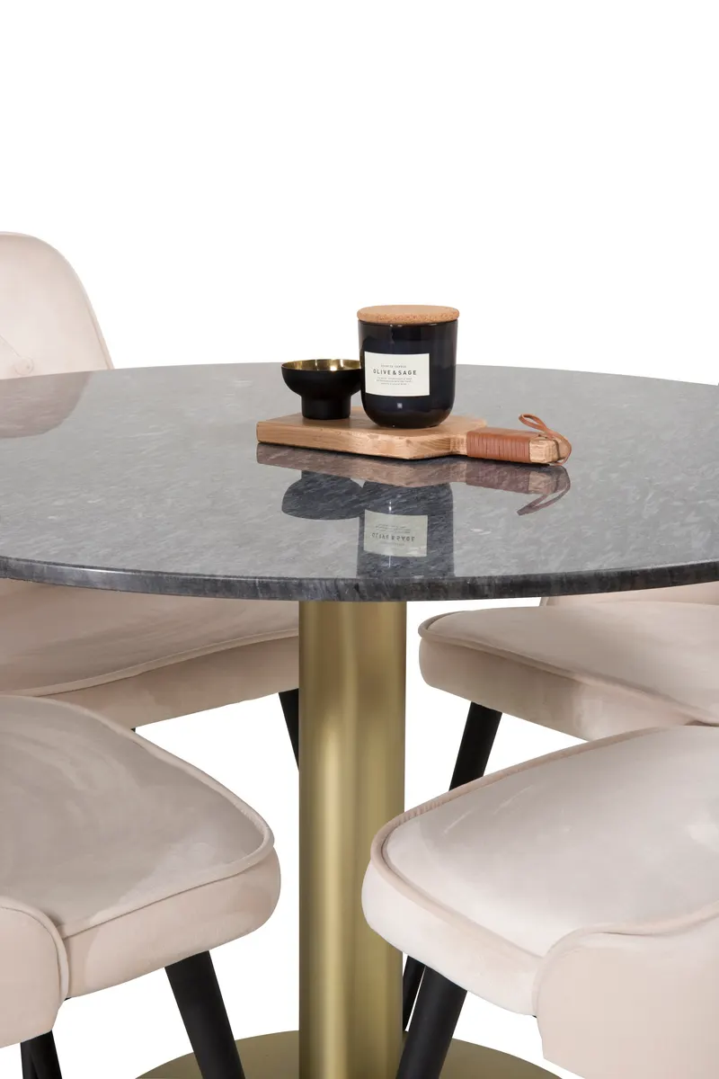 Estelle & Velvet Deluxe Essgruppe mit rundem Marmortisch und 4 Polsterstühlen in Dunkelgrau, Gestell Gold, Beige, Gestell Schwarz, Ansicht 2
