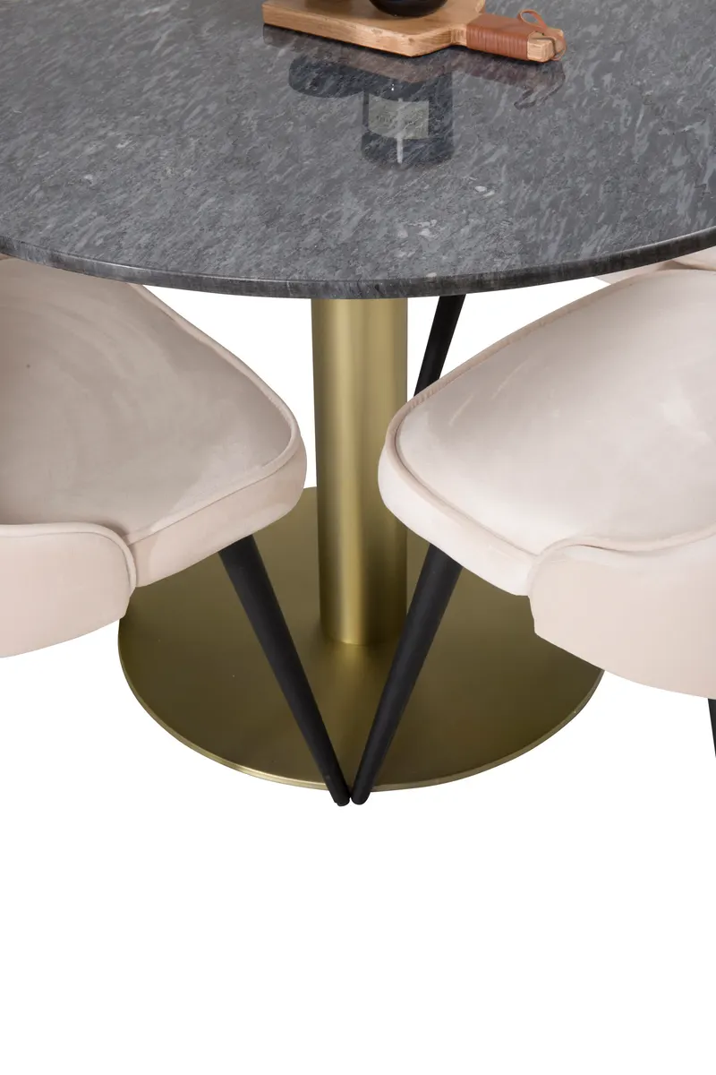 Estelle & Velvet Deluxe Essgruppe mit rundem Marmortisch und 4 Polsterstühlen in Dunkelgrau, Gestell Gold, Beige, Gestell Schwarz, Ansicht 3