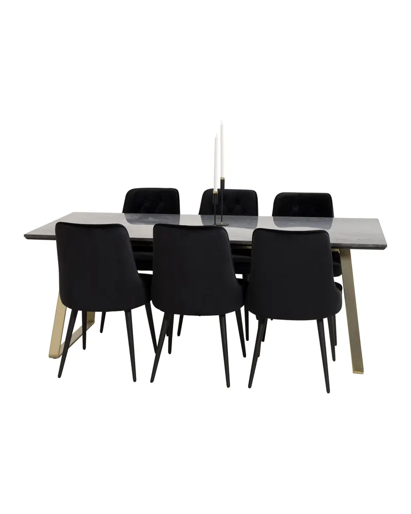Estelle & Velvet Deluxe Essgruppe mit rundem Marmortisch und 4 Polsterstühlen in Dunkelgrau, Gestell Gold, Beige, Gestell Schwarz, Ansicht 4