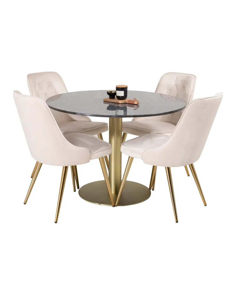 Estelle & Velvet Deluxe Essgruppe mit rundem Marmortisch und 4 Polsterstühlen in Dunkelgrau, Gestell Gold, Beige, Gestell Messing gebürstet, Ansicht 1