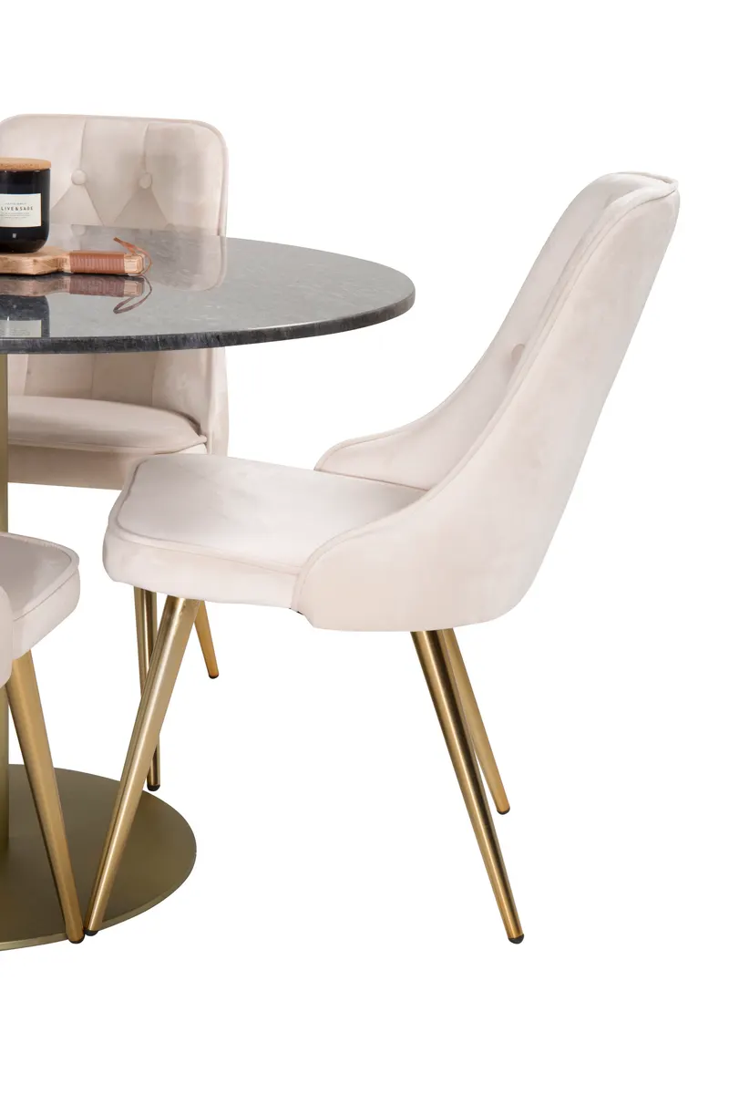 Estelle & Velvet Deluxe Essgruppe mit rundem Marmortisch und 4 Polsterstühlen in Dunkelgrau, Gestell Gold, Beige, Gestell Messing gebürstet, Ansicht 2